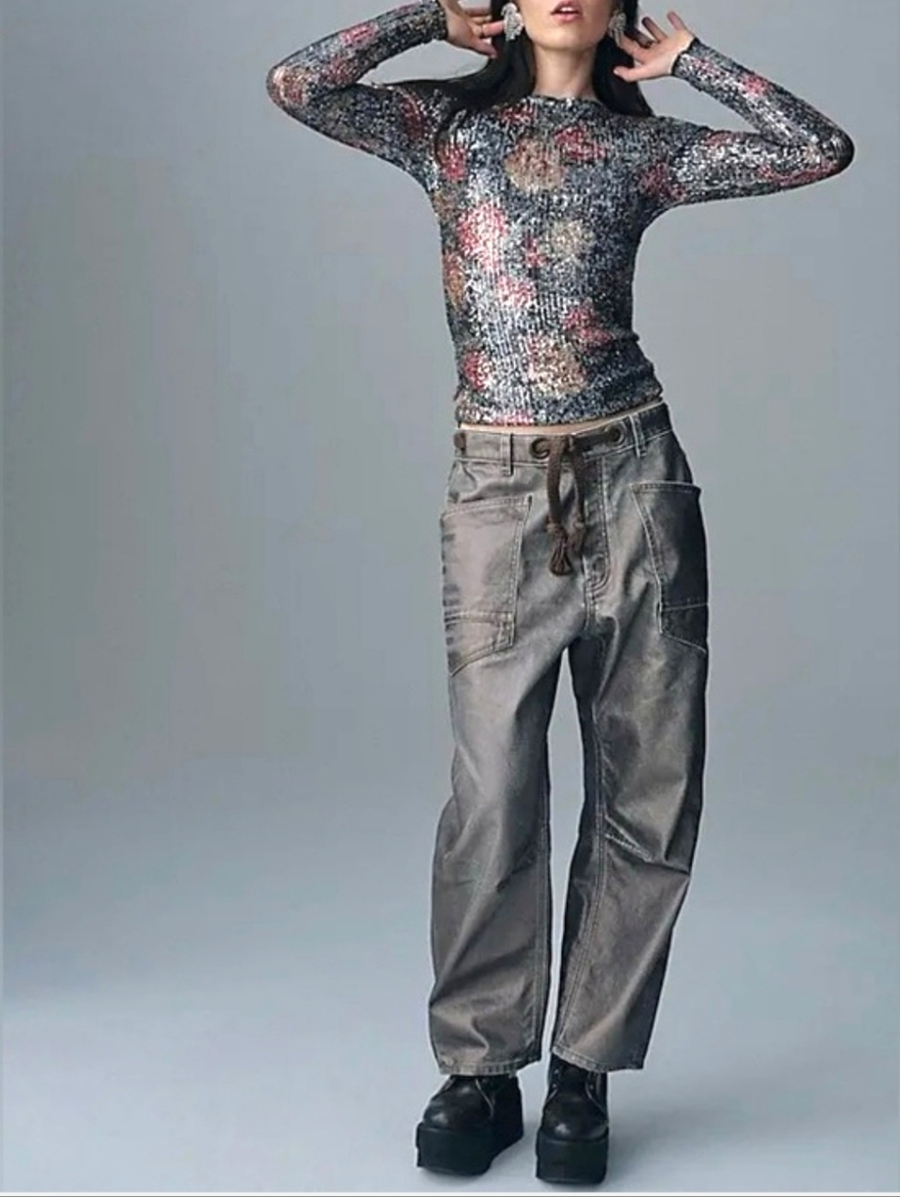 NWOT We The Free Moxie Metallic Jeans in Haki Carbon